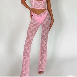 Tiger Mist Pink Tobias Lace Floral Flare Ruche Pants Size XXS